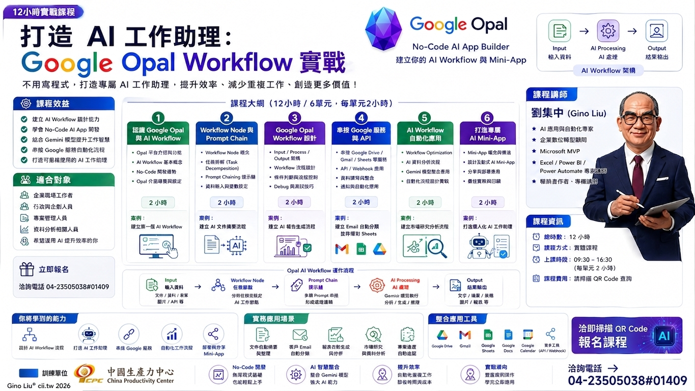 打造 AI 工作助理：Google Opal Workflow 實戰 - 課程資訊 - 財團法人中國生產力中心中區服務處